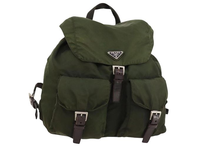 PRADA Backpack Nylon Khaki Silver Auth 173527 Silvery