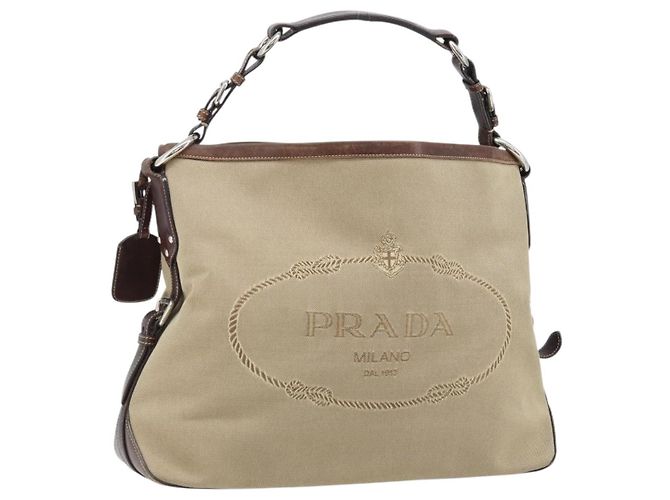 PRADA Shoulder Bag Canvas Beige Silver Auth YKZ082A Silvery