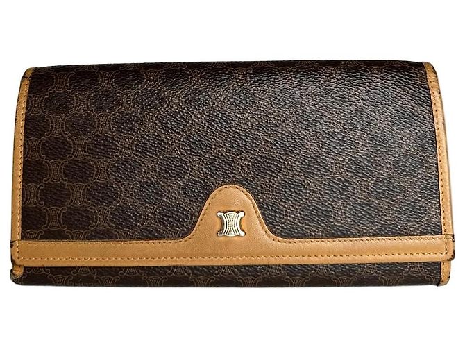 Céline Vintage Celine Paris Triomphe Monogram Leather Long Wallet Brown