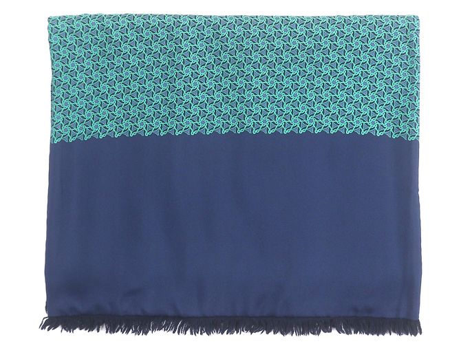 Hermès Hermes Silk Angora All-Over Print Reversible Stole Green Navy blue