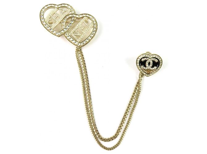 Chanel Gold Double Heart Chain Brosche Golden