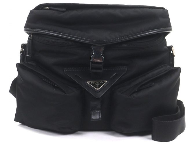 Prada Nylon Leather Re-Nylon Triangle Logo Messenger Shoulder Bag Black