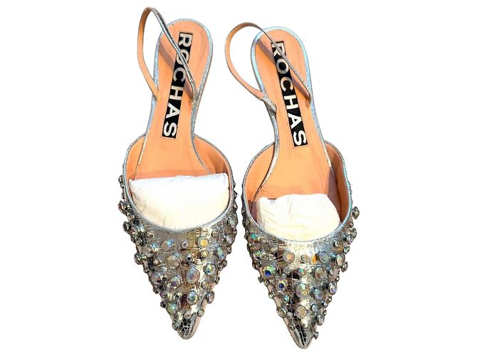 Rochas Silver Leather Slingback Mules 40 Silvery