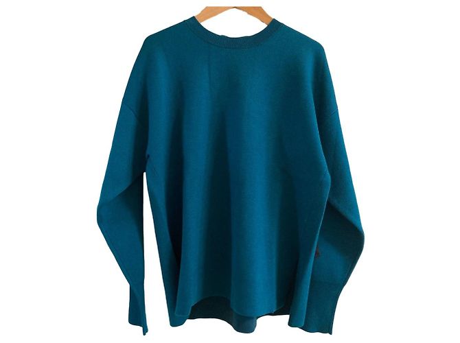LANVIN en Bleu Back Ribbon Knit Pullover Sweater Green