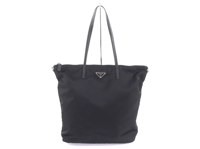 Prada 1BG189 Triangle Logo Plate Leather Trim Tote Bag