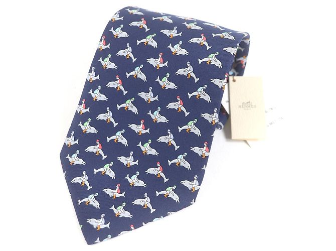 Gravata de seda com estampa de golfinho Hermès Vermelho Azul