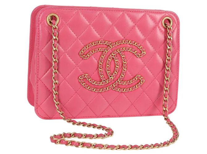 CHANEL Bolsa de Ombro Matelassé em Couro de Cordeiro Rosa Ouro CC Auth 125468SAM