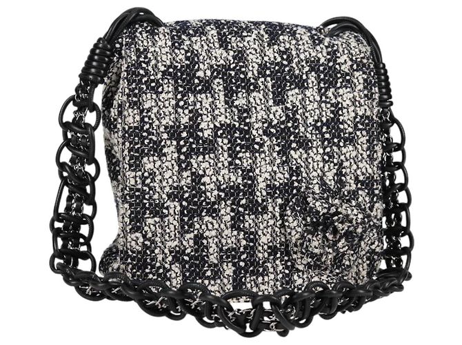 Borsa a Spalla CHANEL Catena Tweed Nero Argento CC Auth 131083SM