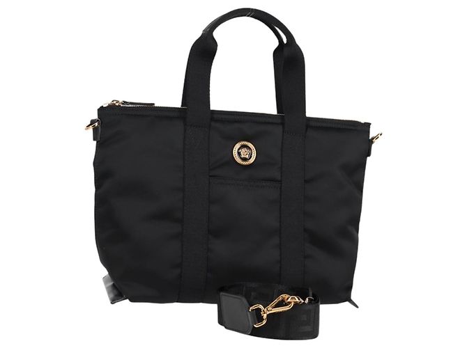Bolsa de mão VERSACE em nylon 2 vias preta e dourada Auth 118725V Preto Dourado