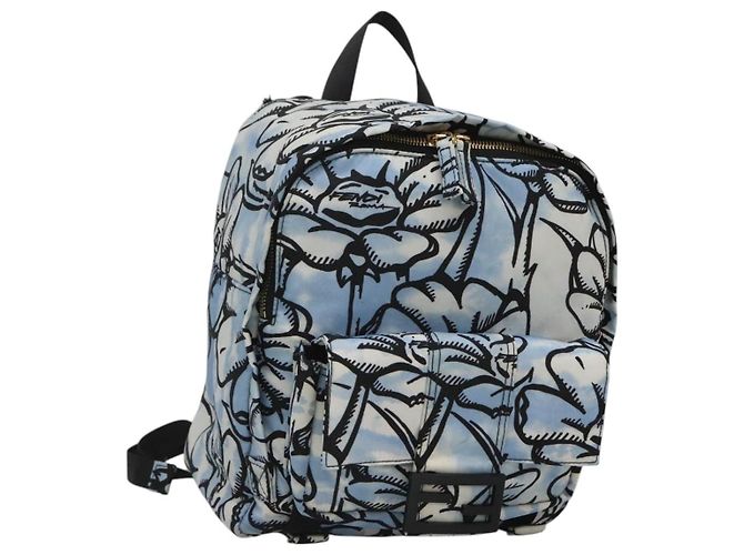 FENDI Backpack Nylon Light Blue Gold Auth 127211A Golden