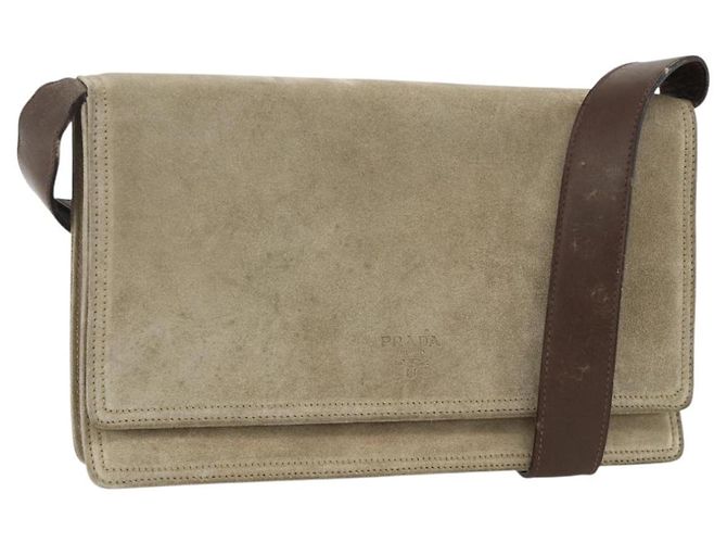 PRADA Schultertasche Wildleder Beige Silber Auth bs34098