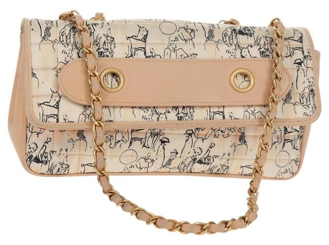 CHANEL Bolsa de Cadena Choco Bar Line Cuero Algodón Beige Oro CC Auth 152448V Dorado
