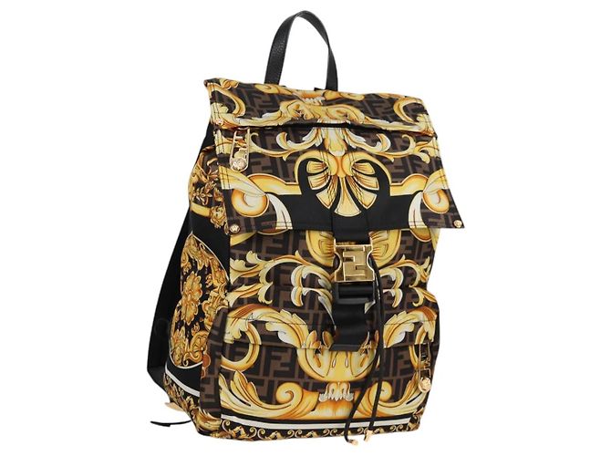 FENDI Zucca Canvas FENDACE Versace Collaboration Backpack Black Auth BA2349SAM Brown