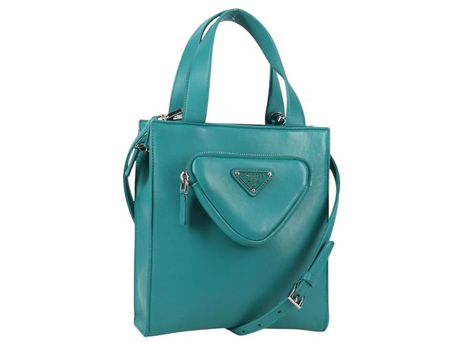 PRADA Sac à main en cuir 2 en 1 Vert Argent Auth 135405SAM Argenté