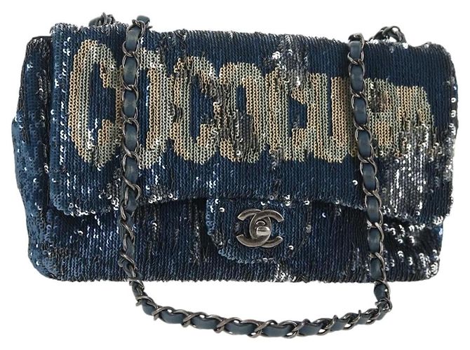 CHANEL Shoulder Bag Sequin Blue Silver CC Auth 138088SM