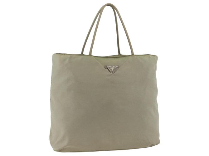 PRADA Handtasche Nylon Beige Silber Auth AMZ343