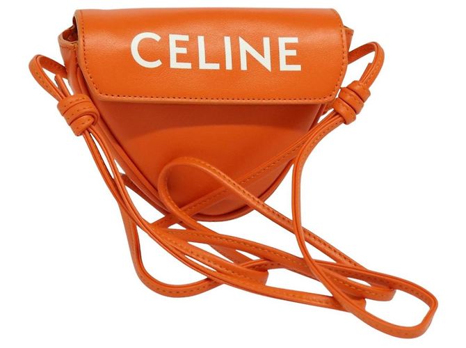 Céline Bolsa de Ombro Triangular de Couro Laranja Auth MY058M