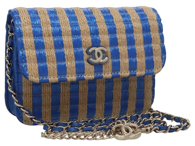Borsa a Spalla con Catena CHANEL Raffia Blu CC Auth 115347SAM