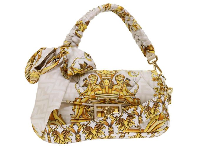 FENDI Baguette Schultertasche Polyester 2way Weiß 8BR600 AK2D Auth 48072SM