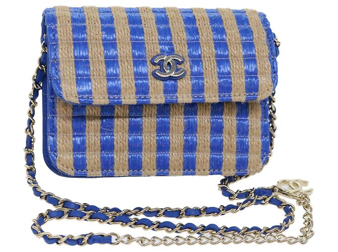 Borsa a Spalla con Catena CHANEL Raffia Blu Beige CC Auth 51139SV