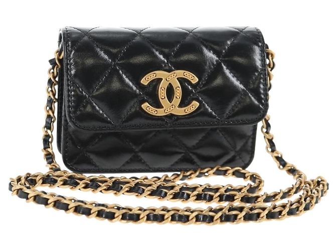 CHANEL Mini Borsa a Spalla Matelassé in Pelle di Vitello Nera Oro CC Auth 142563SAM Nero D'oro