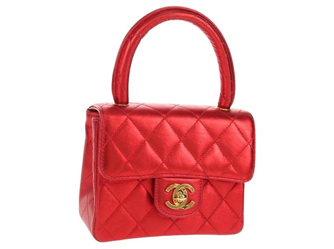 CHANEL Bolsa de Mão Matelassé de Couro Vermelha Dourada CC Auth 140357SM