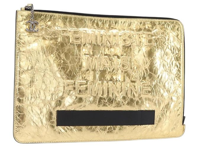 CHANEL Clutch Tasche Leder Gold CC Auth 152375SM Golden
