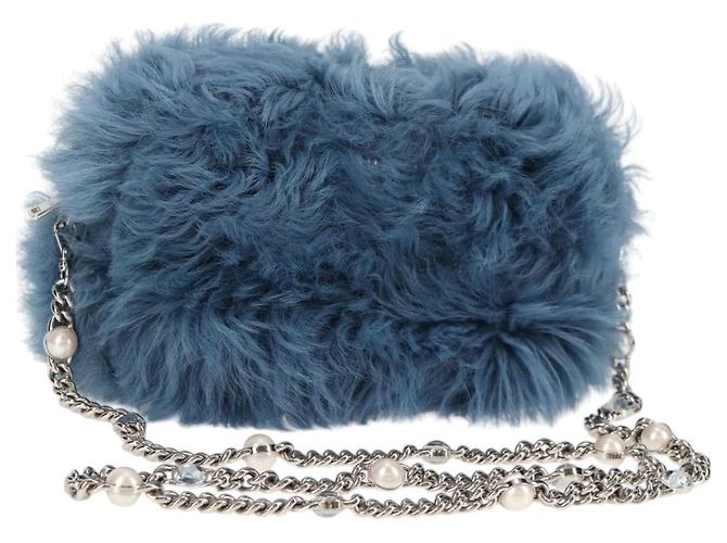 Bolsa de Ombro Miu Miu com Corrente de Pelo Azul Prata 5BD046 Auth 124300SAM