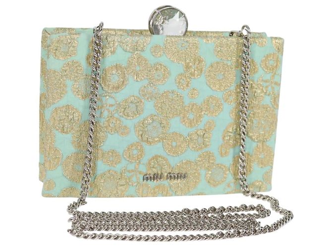 Bolsa de Ombro Miu Miu com Corrente em Algodão Azul Claro Prata Auth 118561SAM