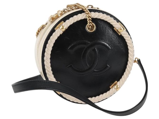 CHANEL Matelassé COCO Marque Chaîne Sac Rond en Corde Cuir Noir CC Auth bs25005SAM Doré