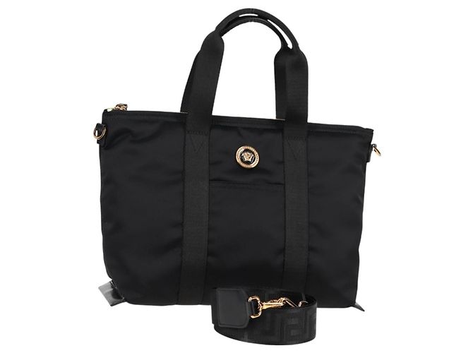 Borsa a mano VERSACE in nylon 2 in 1 nera e dorata Auth 118727V Nero D'oro