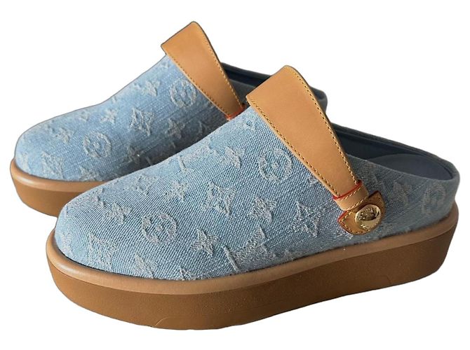 Louis Vuitton Monogram Denim Clogs Blue Light brown