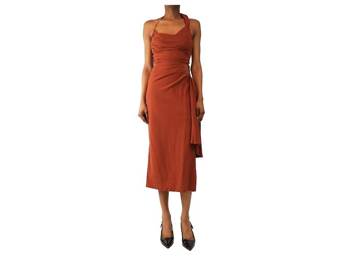 Jacquemus Robe midi drapée en raphia Rust - taille UK 6 Marron