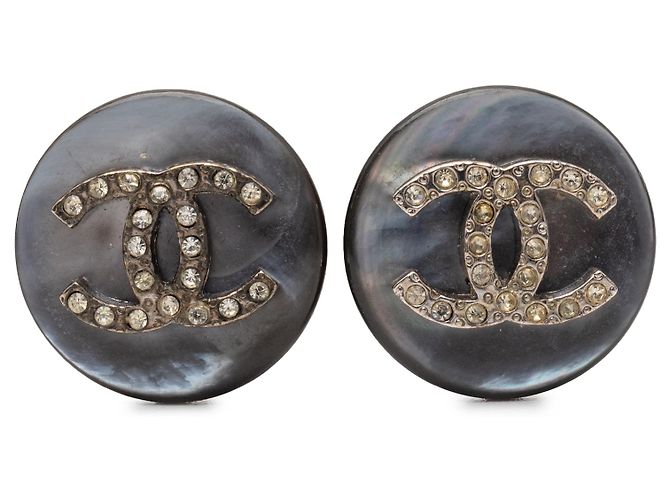 Chanel Graue CC Kunstperlen Strass Clip-On Ohrringe Braun Anthrazitgrau