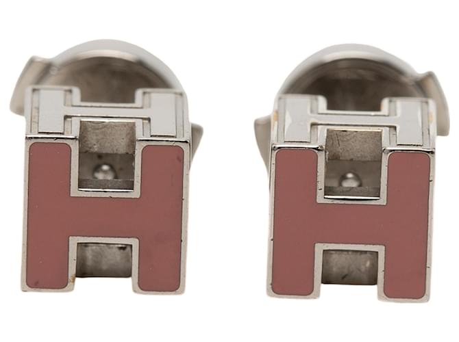 Hermès Pink Palladium Plated Enamel Cage dH Cube Push Back Earrings 