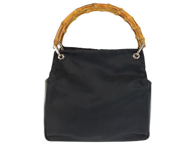 Bolsa Tote de Nylon e Couro Gucci Bamboo Preto