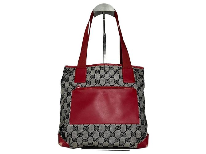 Bolso de mano de lona y cuero monograma Gucci vintage gris negro rojo