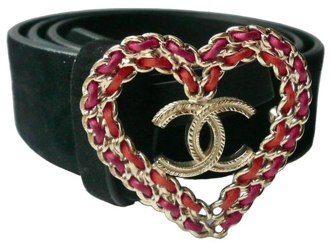 CHANEL Ceinture cuir Noir double C Cœur doré TBE