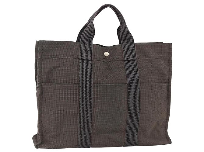 Hermès HERMES Handtasche Her Line MM Canvas Grau Silber Auth BAZ866 Braun