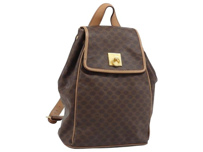 Céline CELINE Macadam Canvas Backpack PVC Leather Brown Gold Auth SW2219 Golden
