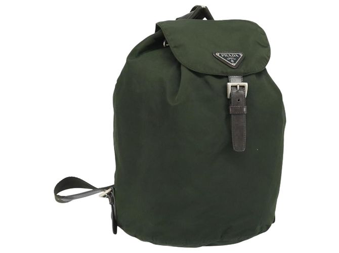 PRADA Backpack Nylon Khaki Silver Auth BA11438 Silvery