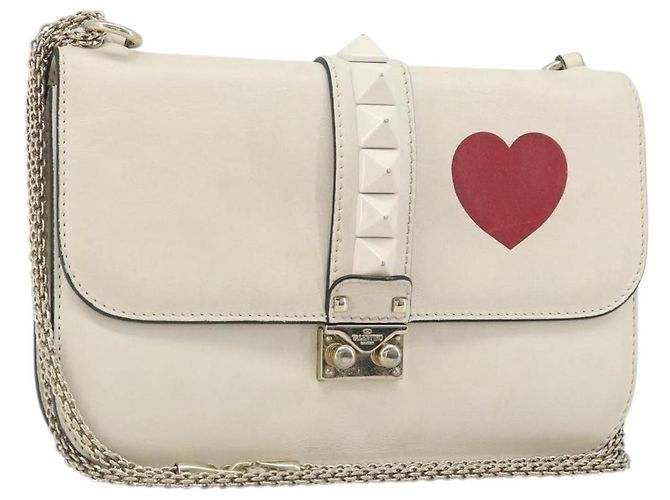 VALENTINO Chain Shoulder Bag Leather White Gold Auth bs34199 Golden