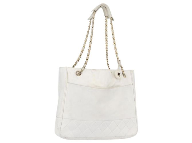 Borsa a spalla a catena CHANEL in pelle bianca oro CC Auth mr2247 Bianco D'oro