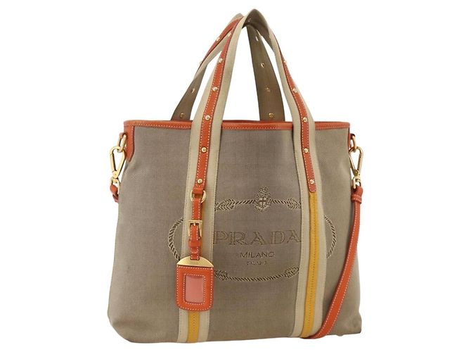 PRADA Bolso de Mano Logo jacquard 2way Beige Oro Auth ka3542 Dorado