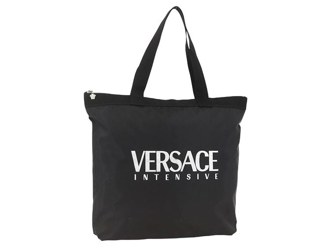 Borsa Tote VERSACE in Nylon Nero Argento Auth ka3538