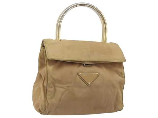 PRADA Sac à main en nylon beige doré Auth bs34269