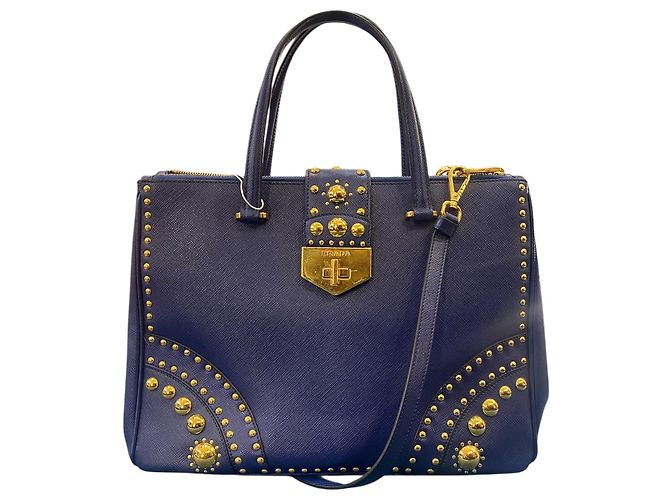 Double Bolsa de couro azul meia-noite Prada com pérolas douradas