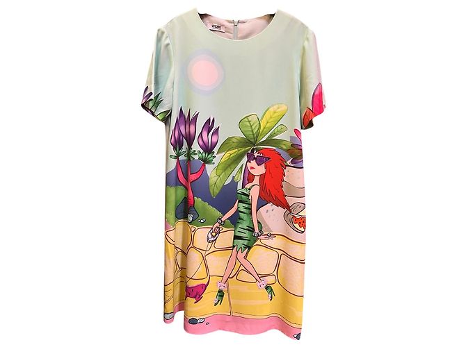 Abito azzurro cielo Moschino con motivi multicolori