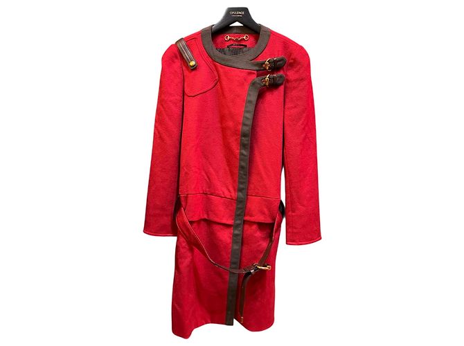 Cappotto lungo in lana rosso e oro Gucci