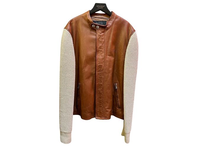 Braune und beige Gucci Freizeit-Lederjacke